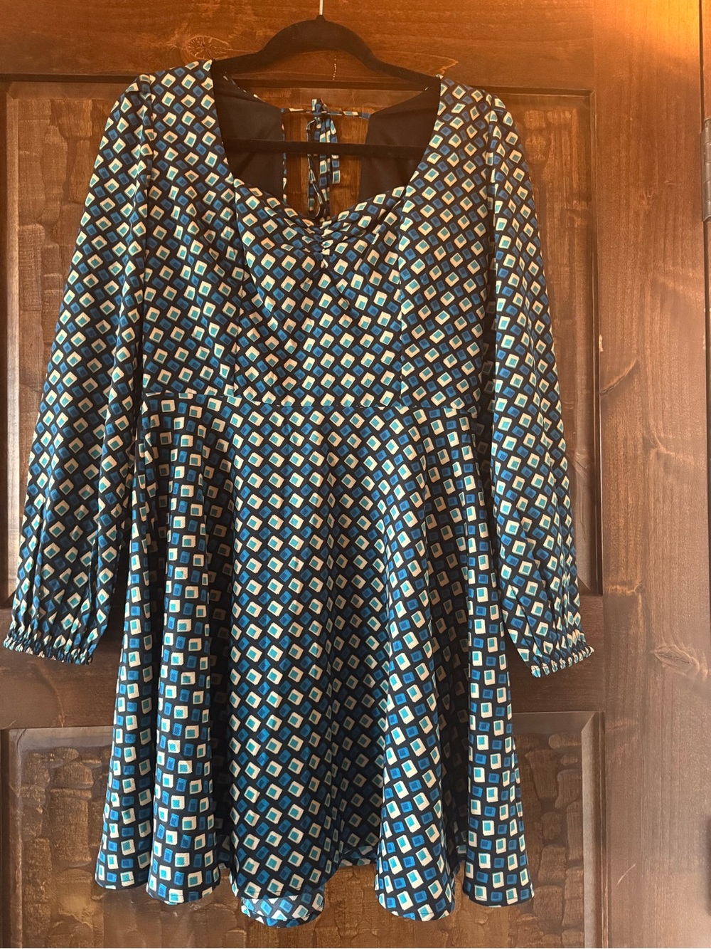 Geo-Print Blue Long-Sleeve Fit & Flare Dress